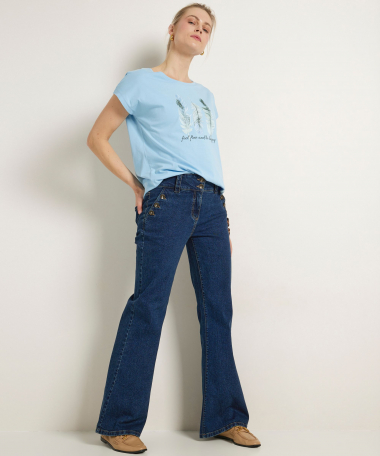 wide flared fit stretch jeans knopen